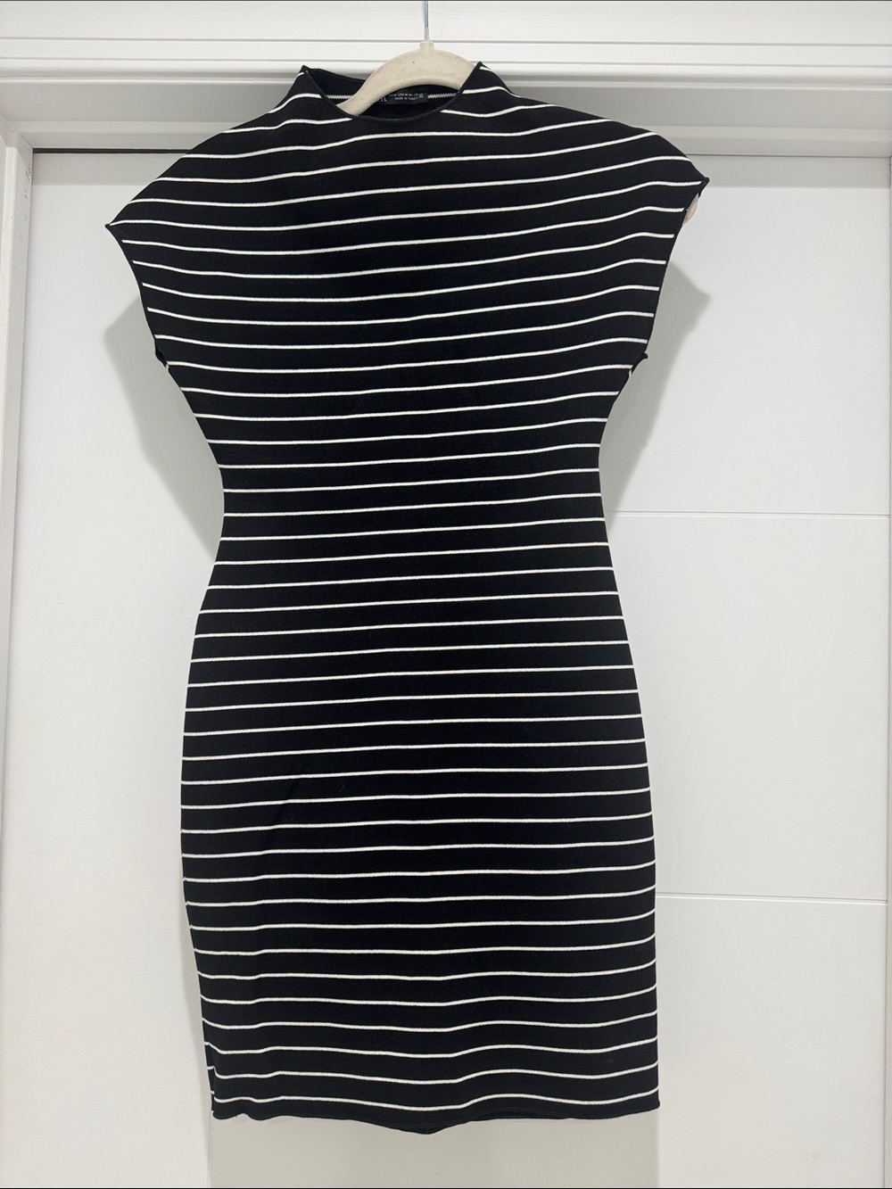 Zara Black & White Striped Cap-Sleeve Mini Dress